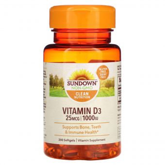 Витамин D3, 1000 МЕ, Vitamin D3, Sundown Naturals, 200 гелевых капсул