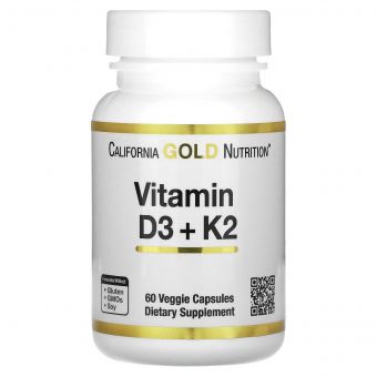 Витамин D3+K2, Vitamin D3 + K2, California Gold Nutrition, 60 вегетарианских капсул