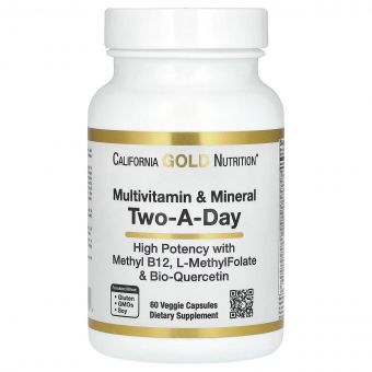 Мультивітаміни та мінерали, Multivitamin and Mineral, Two-A-Day, California Gold Nutrition, 60 вегетаріанських капсул