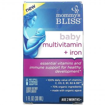 Дитячі полівітаміни із залізом для немовлят від 2 місяців, смак винограду, Baby Multivitamin+Iron, Mommy's Bliss, 30 мл