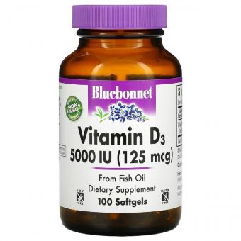 Вітамін D3 5000IU (125 мкг), Vitamin D3, Bluebonnet Nutrition, 100 желатинових капсул