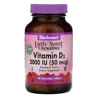 Вiтамiн D3 2000IU, Смак Малини, Earth Sweet Chewables, Bluebonnet Nutrition, 90 жувальних таблеток