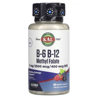 Вітаміни B6+B12 та метилфолат, смак ягід, B-6 B-12 Methyl Folate, KAL, 60 мікротаблеток