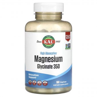Магній Гліцинат високої засвоюваності, 350 мг, High Absorption Magnesium Glycinate, KAL, 160 вегетаріанських капсул
