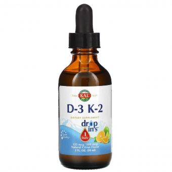 Вітамін D3+K2, Vitamin D3 K2 Drop, KAL, цитрусовий смак, 59 мл.