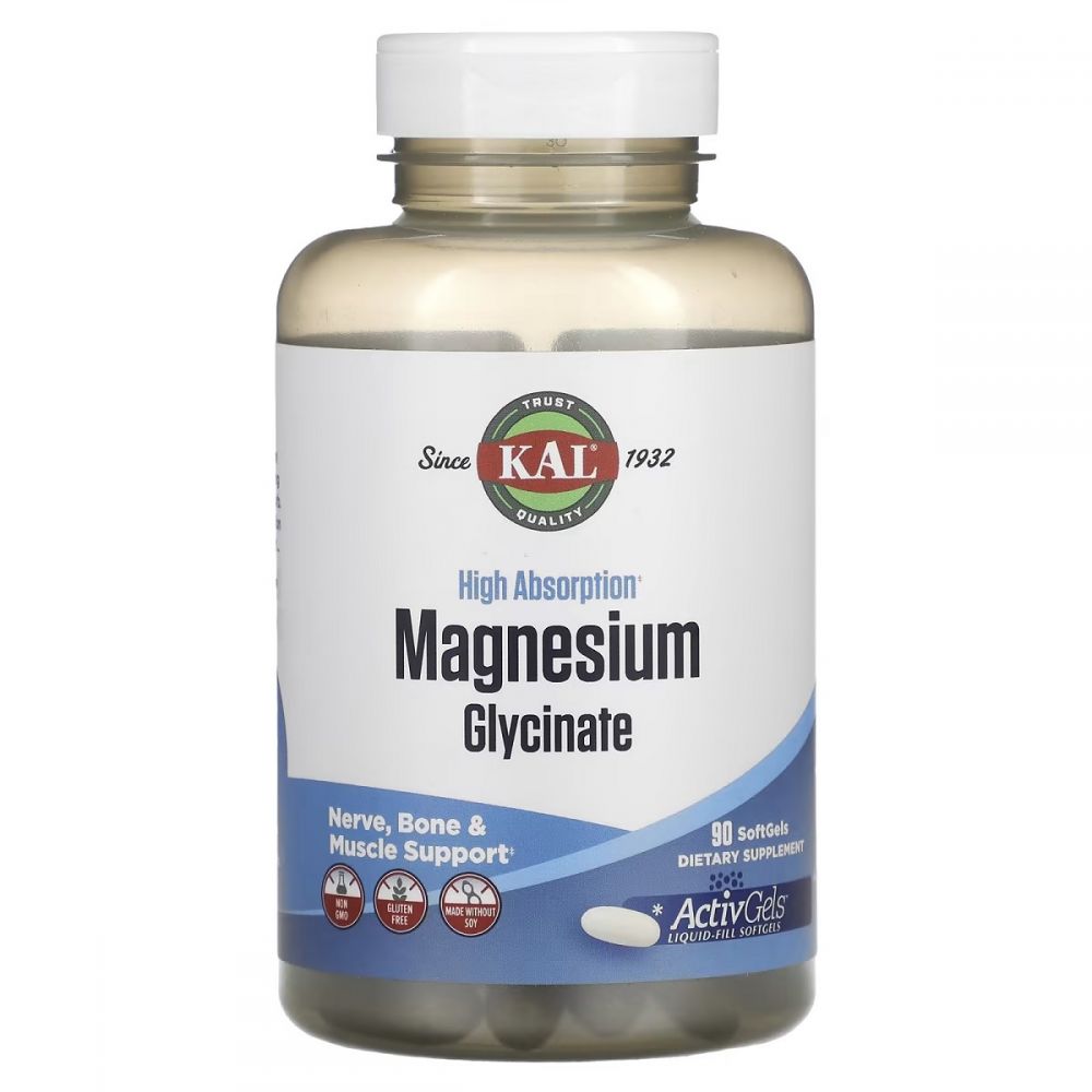 Магній Гліцинат високої засвоюваності, 315 мг, High Absorption Magnesium Glycinate, KAL, 90 желатинових капсул