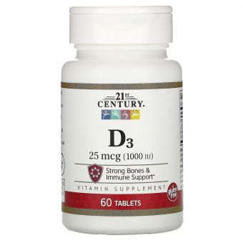 Вітамін D3 1000 МО, Vitamin D3, 21st Century, 60 таблеток