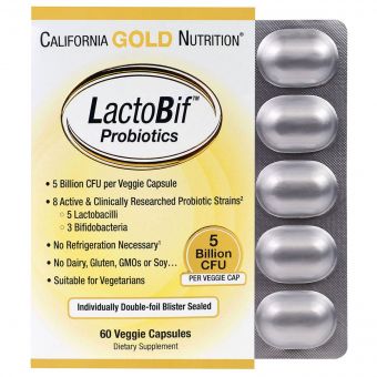Пробіотики LactoBif, Probiotics, California Gold Nutrition, 5 млрд КОЕ, 60 овочевих капсул