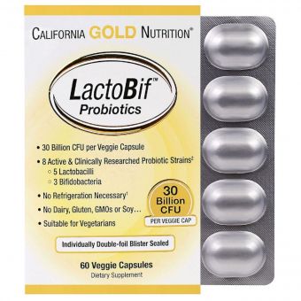 Пробіотики LactoBif, Probiotics, California Gold Nutrition, 30 млрд КОЕ, 60 овочевих капсул
