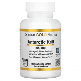 Олія антарктичного криля, 500 мг, смак полуниці та лимона, Antarctic Krill Oil, Omega-3, California Gold Nutrition, 120 желатинових капсул