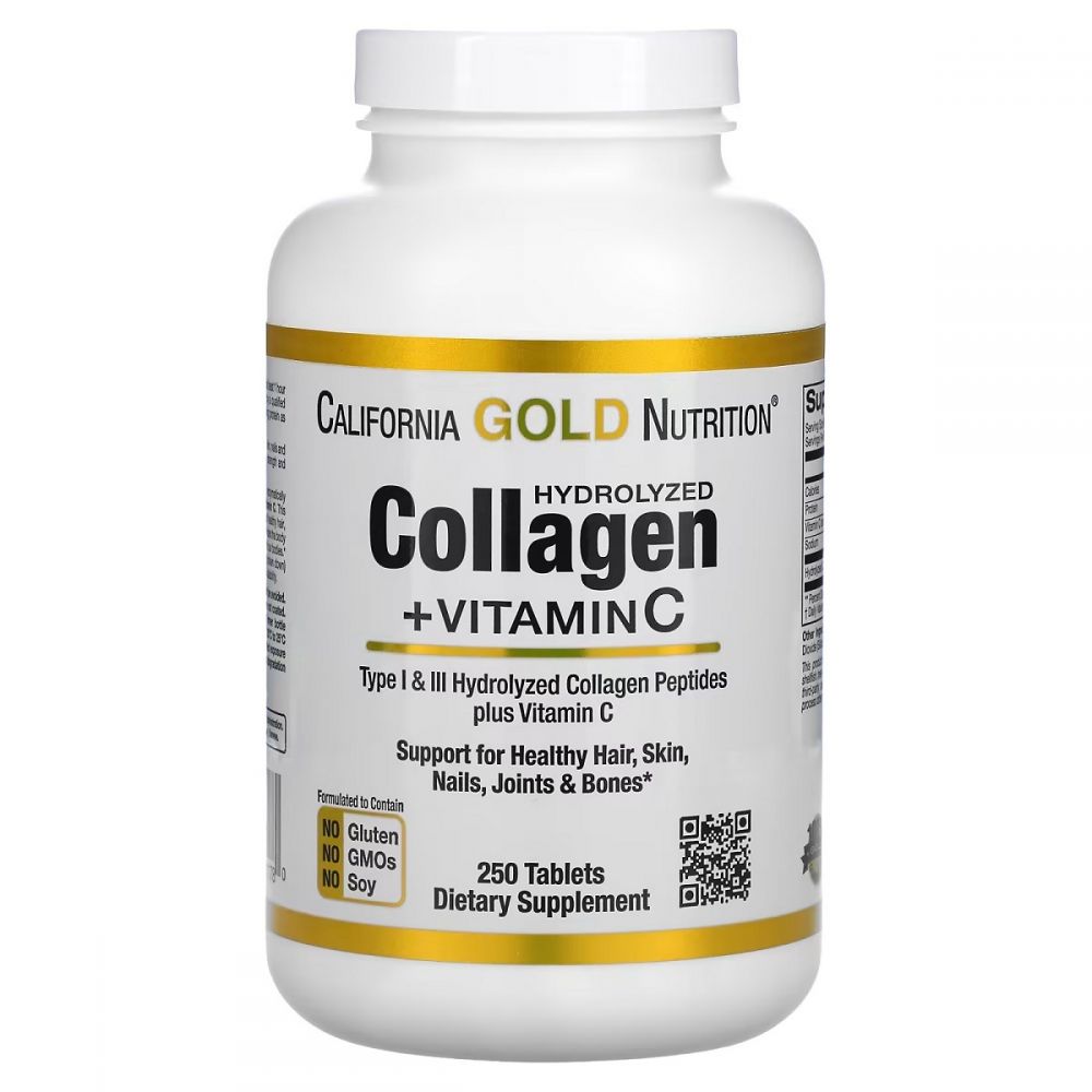 Колаген Гідролізовані пептиди + Вітамін С, Hydrolyzed Collagen Peptides + Vitamin C, Type I & III, California Gold Nutrition, 250 таблеток