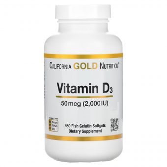Вітамін D3, 50 мкг, Vitamin D3, California Gold Nutrition, 360 желатинових капсул