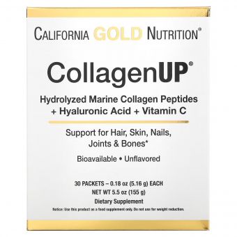 Колаген з гіалуроновою кислотою та вітаміном С, гідролізовані пептиди, Collagen UP, Hydrolyzed Marine Collagen Peptides with Hyaluronic Acid and Vitamin C, California Gold Nutrition, 30 паке