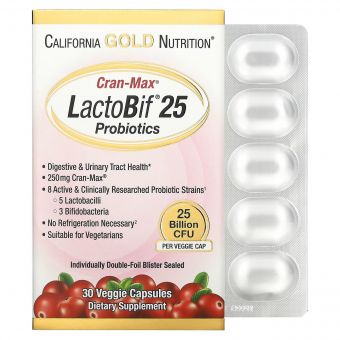 Пробіотики, 25 млрд КУО, смак журавлини, Lactobif 25 Billion Cran-Max, California Gold Nutrition, 30 вегетаріанських капсул