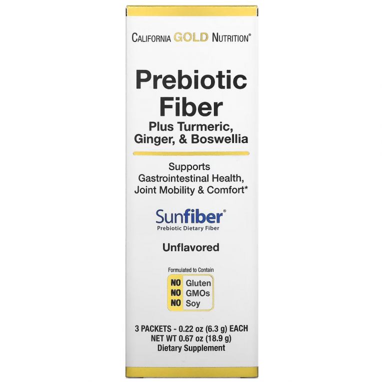 Пребіотична клітковина з куркумою імбиром та босвеллією, Prebiotic Fiber Plus Turmeric Ginger & Boswellia, California Gold Nutrition, 3 стика по 6,3 г