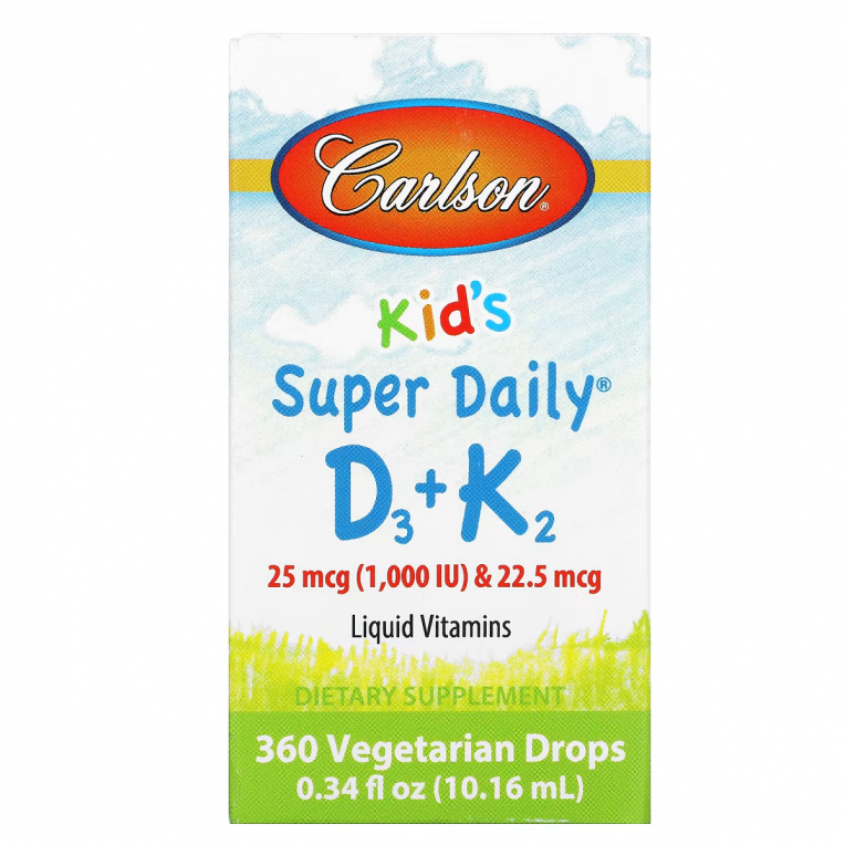 Вітамін D3+K2 для дітей у краплях, 1000 МО та 22,5 мкг, Kid&apos;s Super Daily D3+K2, Carlson, 10.16 мл