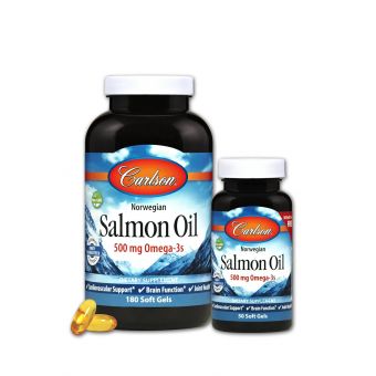 Норвежський Лососевий Жир, 500 мг, Norwegian Salmon Oil, Carlson, 180+50 желатинових капсул