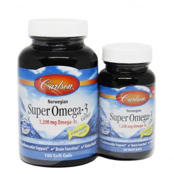 Супер Омега-3, 1200 мг, Super Omega-3 Gems in fish gelatin, Carlson, 100+30 желатинових капсул