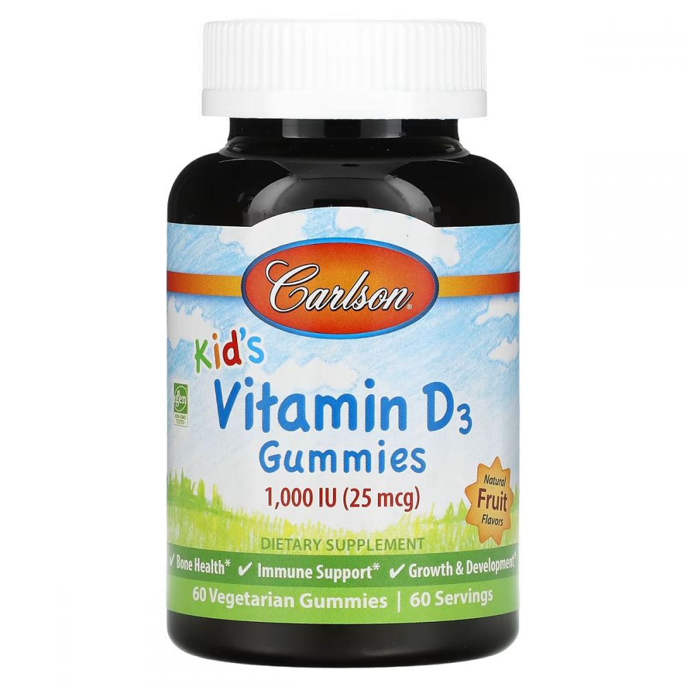 Вітамін D3 Дитячий, 1000 МО, смак фруктів, Kid&apos;s Vitamin D3 Gummies, Carlson, 60 вегетаріанських жувальних цукерок