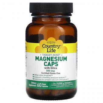 Магній з кремнієм, 300 мг, Target-Mins, Magnesium Caps with Silica, Country Life, 60 вегетаріанських капсул
