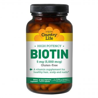 Концентрований Біотин (В7), 5 мг, High Potency Biotin, Country Life, 120 желатинових капсул