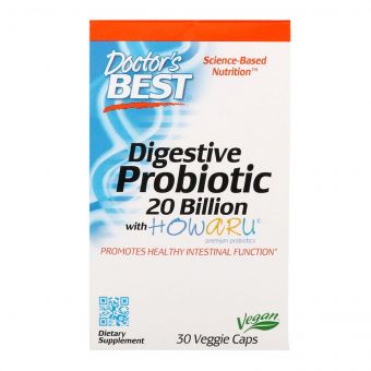 Пробіотики, Digestive Probiotic, Doctor&apos;s Best, 20 МЛРД КУО, 30 вегетаріанських капсул