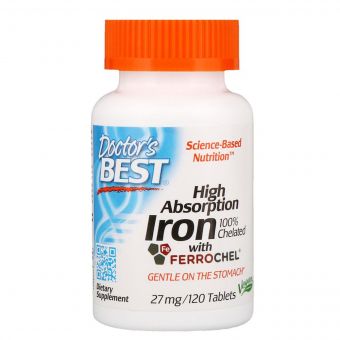Хелатне залізо, High Absorption Iron, Doctor&apos;s Best, 27 мг, 120 таблеток