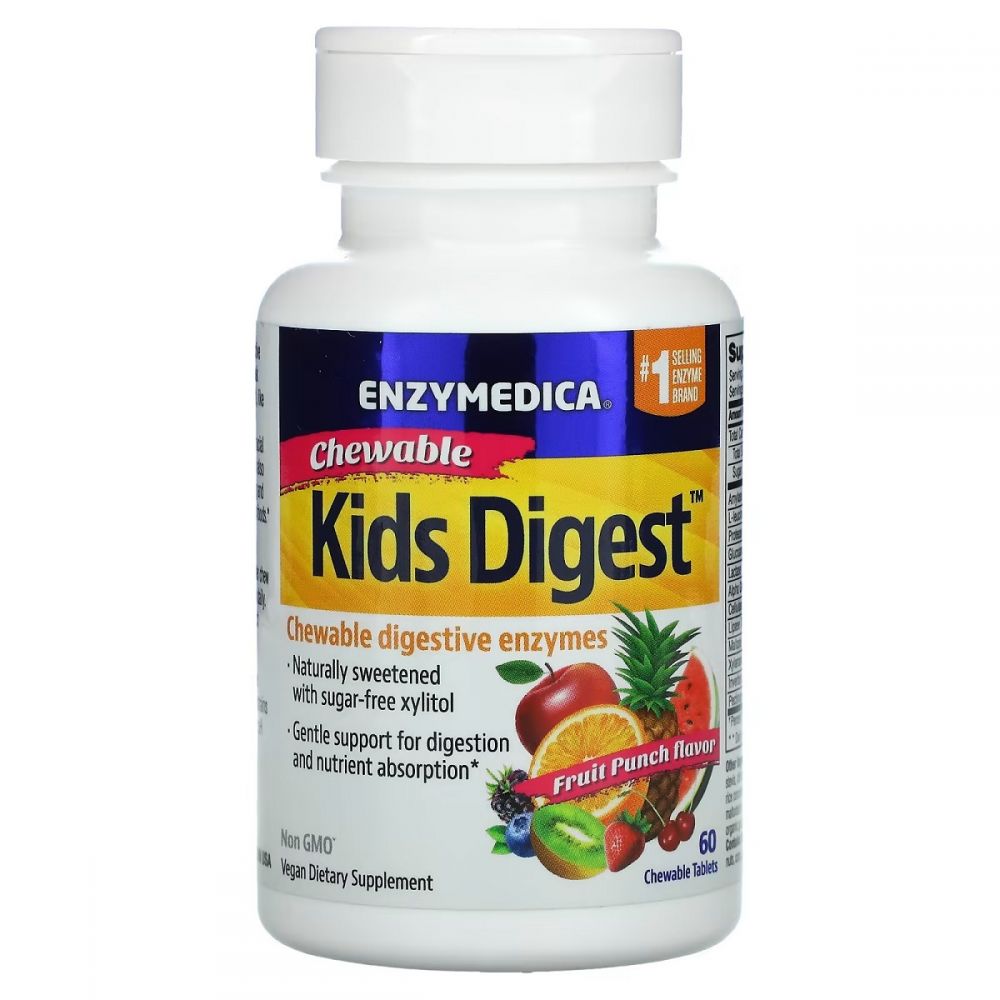 Ферменти травні для дітей, смак фруктів, Kids Digest, Chewable Digestive Enzymes, Enzymedica, 60 жувальних таблеток