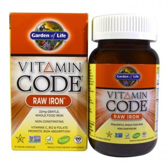 Сире Залізо з Вітамінами та Пробіотиками, Vitamin Code, Garden of Life, 30 гелевих капсул