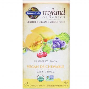Вітамін D3, 2000 МО, малиново-лимонний смак, MyKind Organics, Garden of Life, 30 жувальних веганських таблеток