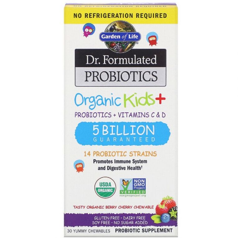 Пробіотики для дітей + Вітаміни C і D, смачні органічні ягоди і вишня, Organic Kids +, Garden of Life, 30 жувальних таблеток
