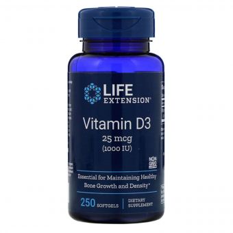 Вітамін D3, Vitamin D3, Life Extension, 25 мкг (1000 МО), 250 гелевих капсул