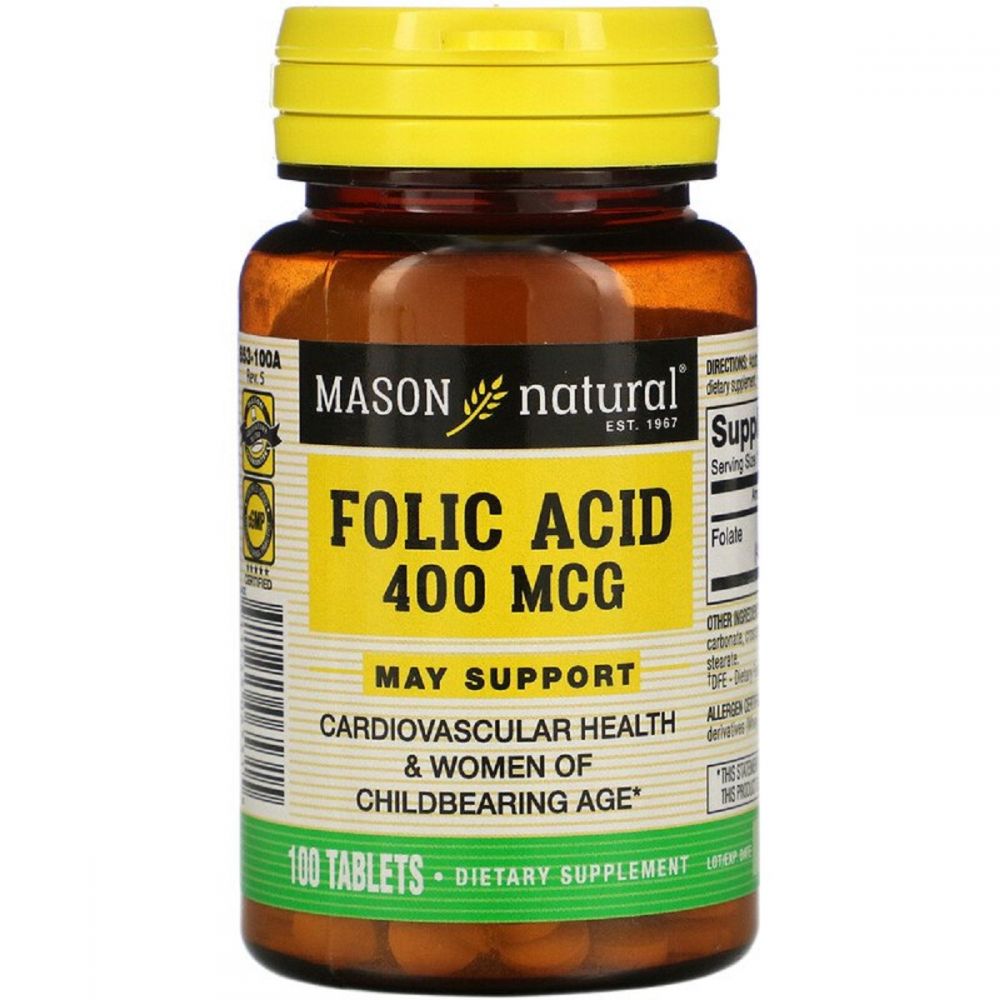 Фолієва кислота 400 мкг, Folic Acid, Mason Natural, 100 таблеток