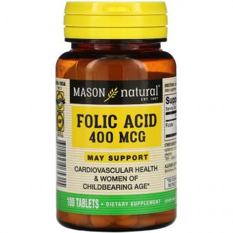 Фолієва кислота 400 мкг, Folic Acid, Mason Natural, 100 таблеток