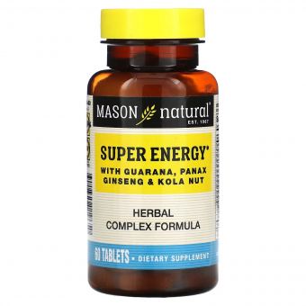 Супер Енергія з гуараною, женьшенем та горіхом колу, Super Energy with Guarana, Panax Ginseng & Kola Nut, Mason Natural, 60 таблеток