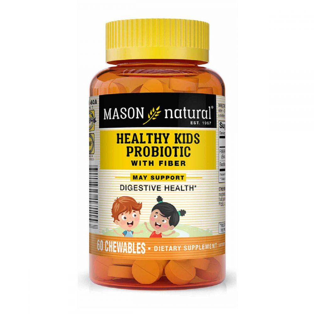 Пробіотик з клітковиною для дітей, Healthy Kids Probiotic With Fiber, Mason Natural, 60 жувальних таблеток