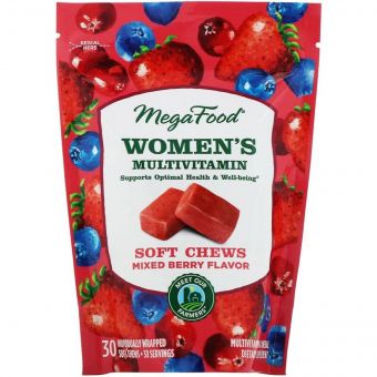 Мультивітаміни для жінок, смак ягід, Women's Multivitamin Soft Chews, Mixed Berry Flavor, MegaFood, 30 м'яких жувальних цукерок в індивідуальній упаковці