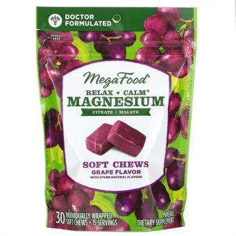 Заспокійливий Магній, смак винограду, Relax + Calm Magnesium Soft Chews, Grape, MegaFood, 30 м&apos;яких жувальних цукерок в індивідуальній упаковці