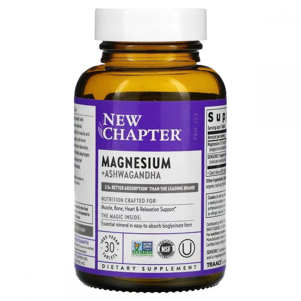 Магній та Ашваганда, Magnesium + Ashwagandha, New Chapter, 30 вегетеріанських капсул