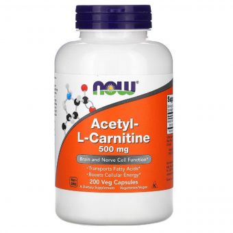 Ацетил-L-Карнітин, Acetyl-L-Carnitine, Now Foods, 500 Мг, 200 Вегетаріанських Капсул