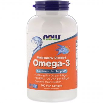 Омега-3 1000 мг, 180 EPA / 120 DHA, Molecularly Distilled Omega-3, Now Foods, 200 капсул з риб&apos;ячого желатину