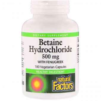 Бетаїн гідрохлорид і Пажитник, Betaine Hydrochloride + Fenugreek, Natural Factors, 500мг, 180 капсул