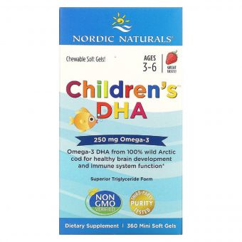 Риб&apos;ячий жир (ДГК) Для Дітей, (3-6 років), 250 мг, Смак Полуниці, Children&apos;s DHA, Nordic Naturals, 360 міні капсул