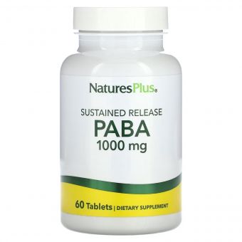 Пара-амінобензойна кислота пролонгованої дії (ПАБК), 1000 мг, PABA, Natures Plus, 60 таблеток
