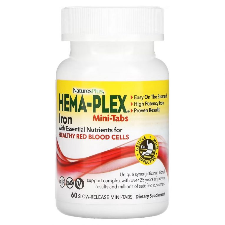 Залізо з незамінними поживними речовинами для здорових еритроцитів повільного вивільнення, Hema-Plex, Iron with Essential Nutrients for Healthy Red Blood Cells, Natures Plus, 60 міні-таблеток