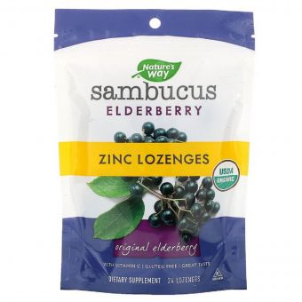 Льодяники бузини з цинком, Sambucus Elderberry, Zinc Lozenges, Nature's Way, 24 льодяника