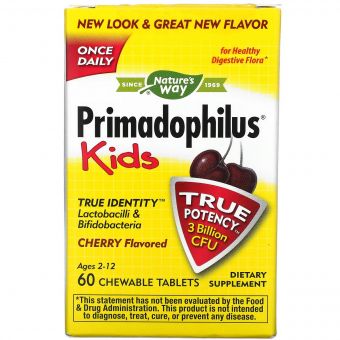 Пробіотики для дітей від 2 до 12 років, 3 млрд КУО, смак вишні, Primadophilus, Kids, Age 2-12, Nature&apos;s Way, 60 жувальних таблеток