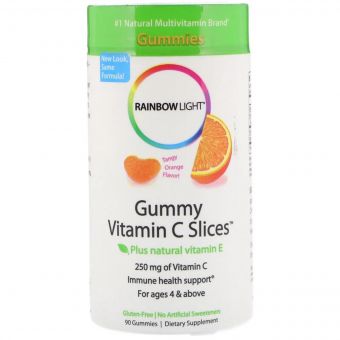 Вітамін С, дольки з терпким апельсиновим смаком, Gummy Vitamin C Slices, Tangy Orange Flavor, Rainbow Light, 90 жувальних цукерок