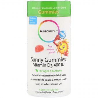 Вітамін D3 для дітей віком від 4 років, смак мандарина, Sunny Gummies, Rainbow Light, 400 МО, 60 жувальних цукерок