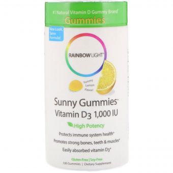 Вітамін D3, смак лимона, Sunny Gummies, Rainbow Light, 1000 МО, 100 жувальних цукерок